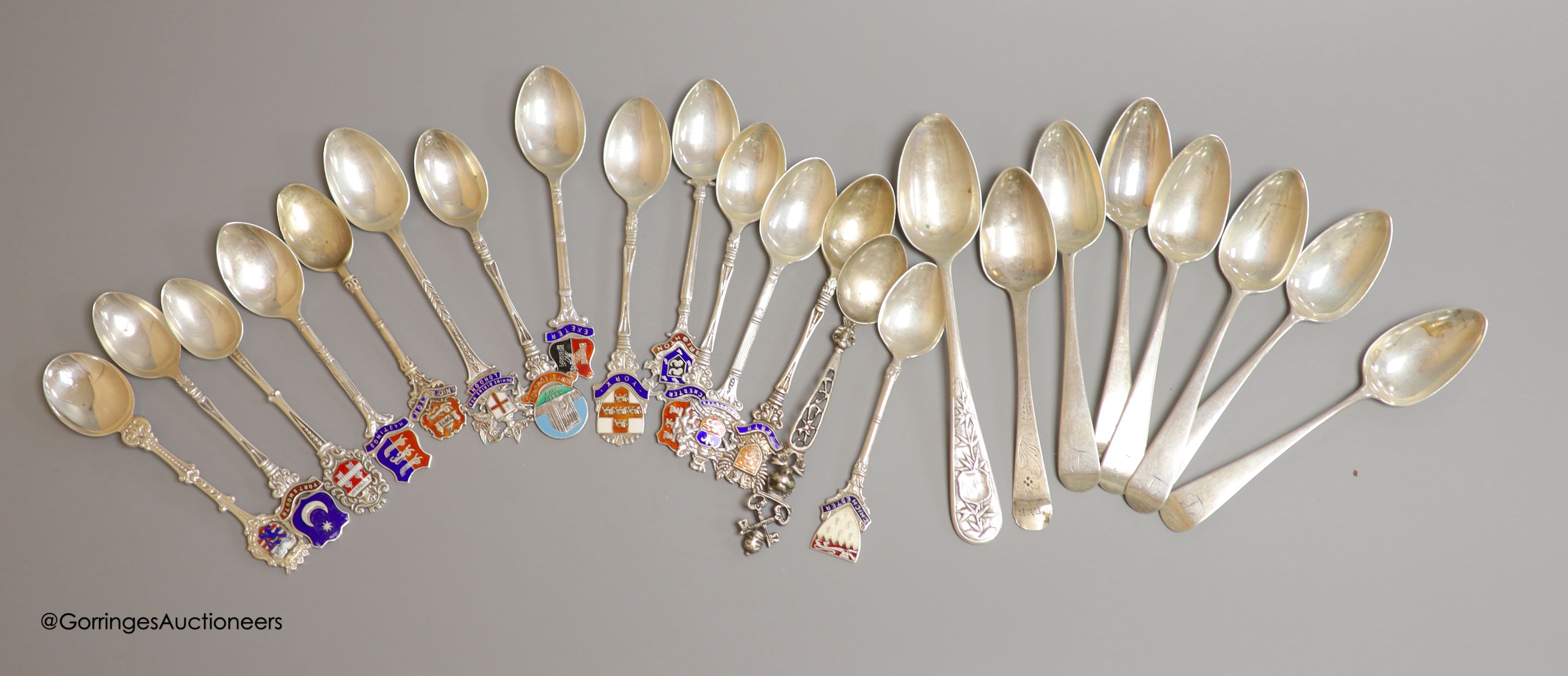 A set of six George III silver teaspoons and sundry commemorative teaspoons